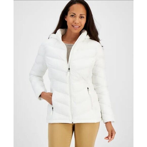 Womens Puffer Coat White M Charter Club Hooded Packable Removable Hood - Picture 1 of 8